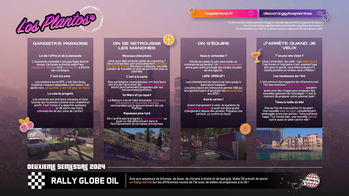 📢 Des nouveautés, de nouvelles features, des évènements, et plein d'autres choses encore!👀

Voyez ce que nous vous réservons dans les prochains mois sur cette Nouvelle Road Map!

N'attendez plus et rejoignez l'aventure Los Plantos!🌸

#GTAV
#GTARP
#losplantos