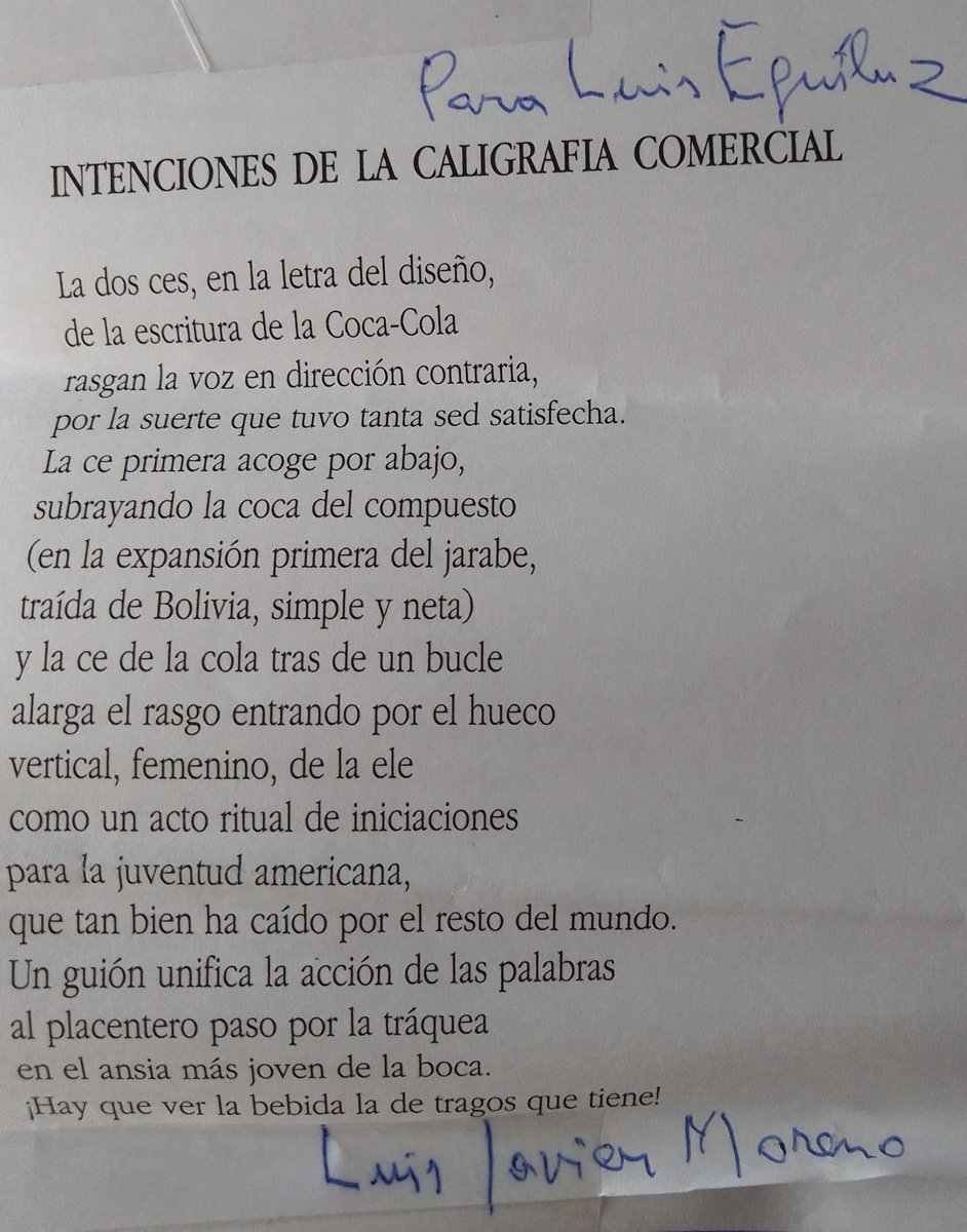 Hoy, por casualidad, he encontrado este poema a la Cocacolis que me envió por carta mi amigo Luis Javier Moreno. ¡Qué gran poeta era y cuánto le echamos de menos todos sus amigos!

#LuisJavierMoreno #Cocacolis