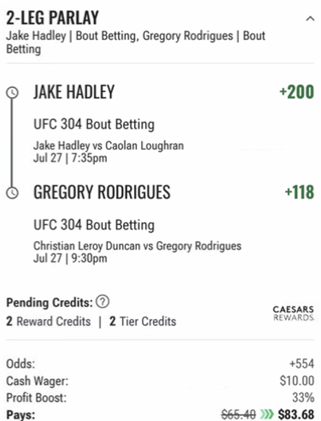 EdgePlayBook's tweet photo. #BetInPublic #SteadyEdge #Caesars gives us a 33% #UFC304 Parlay Profit Boost today. We come up with this idea with fair odd of +600 for almost 20% EV #JakeHadley #GregoryRodrigues #GamblingX #EVBetting https://t.co/segkkxTeAy