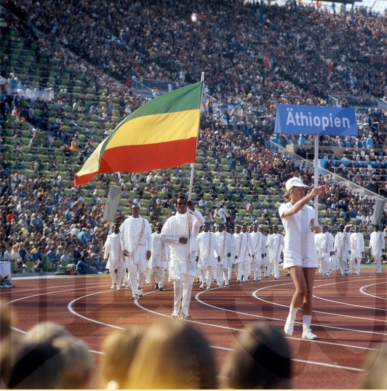 March of the Olympic team of Ethiopia - led by marathon runner Mamo Wolde 08 1972