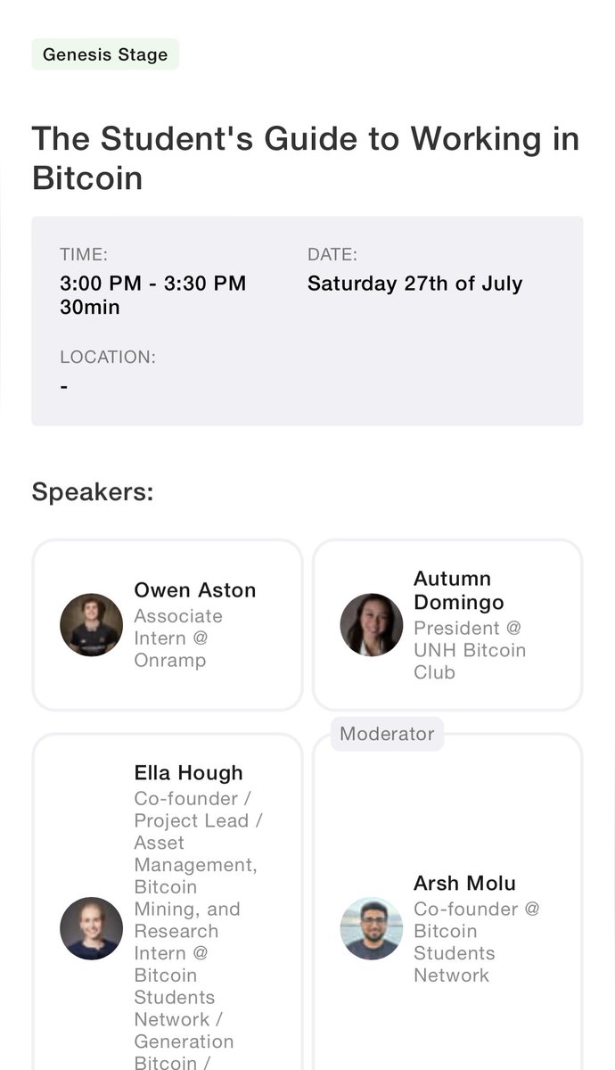Autumn Domingo (@autumndomingo_) on Twitter photo Want to learn what it’s like to work in bitcoin as a student? Come to the Genesis stage @ 3pm to hear from <a href="/arshmolu/">Arsh Molu</a>, <a href="/21MMforthe21st/">Ella Hough</a>, <a href="/thebigaston/">Owen Aston</a>, and myself Want to learn what it’s like to work in bitcoin as a student? Come to the Genesis stage @ 3pm to hear from <a href="/arshmolu/">Arsh Molu</a>, <a href="/21MMforthe21st/">Ella Hough</a>, <a href="/thebigaston/">Owen Aston</a>, and myself