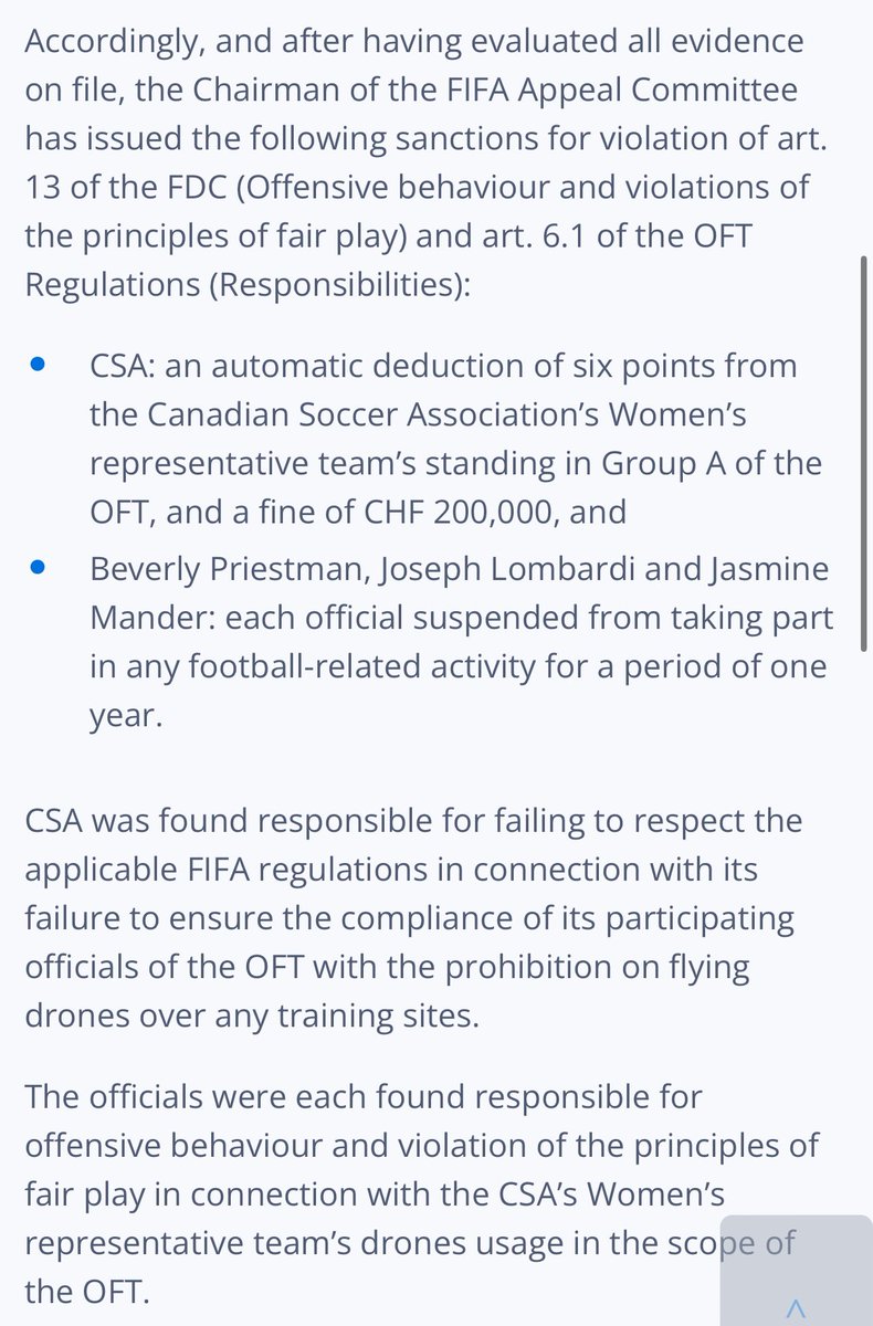 Devin_Heroux's tweet image. JUST NOW 

FIFA ruling just in on drone scandal. Canada deducted six points at Olympics. Fined CHF 200,000.

Priestman, Lombardi and Mander suspended from any football related activity for a year. 

Full FIFA STATEMENT