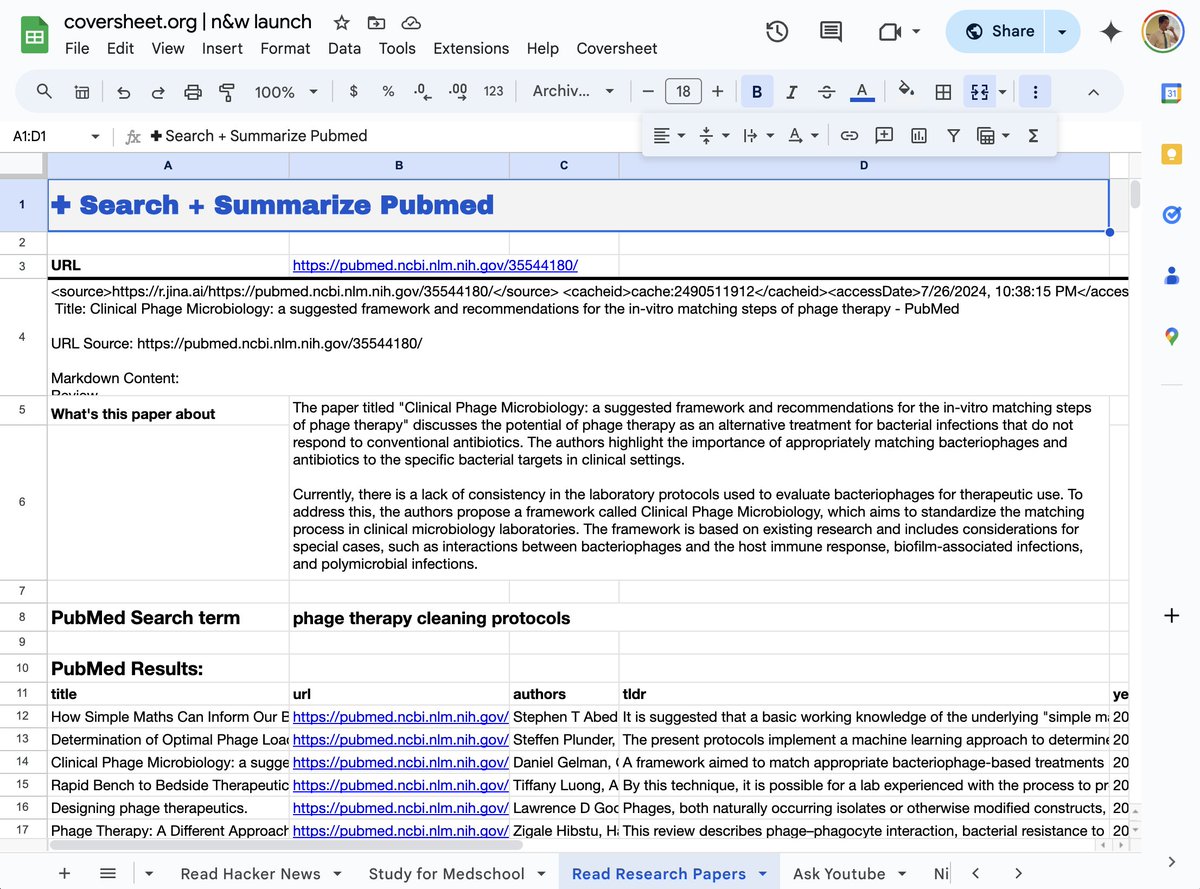 yawnxyz's tweet image. I made a Google sheet template to search + extract data from 100's of Pubmed papers — to help @JessicaSacher write reviews + grants faster!
Now I'm sharing it with the world!
Built this as part of @_buildspace @FarzaTV !