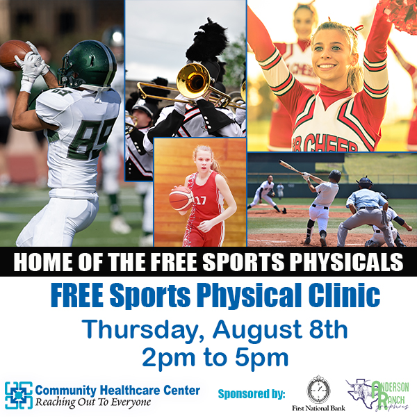 Community Healthcare Center's next FREE Sports Physical Clinic will be on August 8th from 2pm to 5pm. Open to all middle school and high school students, including those that participate in youth sports leagues. For more info., please call (940)766-6306. chcwf.com/free-sports-ph…