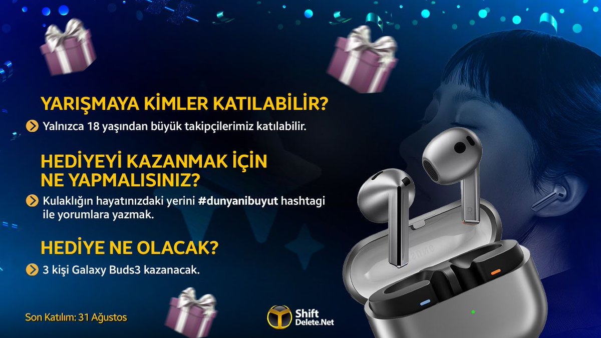 ShiftDelete.Net (@shiftdeletenet) on Twitter photo Sizlere sürpriz hediyelerimiz var! Yapmanız gerekenler:
📍 Postu retweet edip,
📍 Kulaklığın sizin hayatınızdaki yerini #dunyanibuyut hashtagiyle yorumlara yazmak,
📍 Gönderiyi beğenmek,
📍 <a href="/shiftdeletenet/">ShiftDelete.Net</a> hesabını takip etmek.
3 şanslı takipçimize Galaxy Buds3 hediye edeceğiz. Sizlere sürpriz hediyelerimiz var! Yapmanız gerekenler:
📍 Postu retweet edip,
📍 Kulaklığın sizin hayatınızdaki yerini #dunyanibuyut hashtagiyle yorumlara yazmak,
📍 Gönderiyi beğenmek,
📍 <a href="/shiftdeletenet/">ShiftDelete.Net</a> hesabını takip etmek.
3 şanslı takipçimize Galaxy Buds3 hediye edeceğiz.