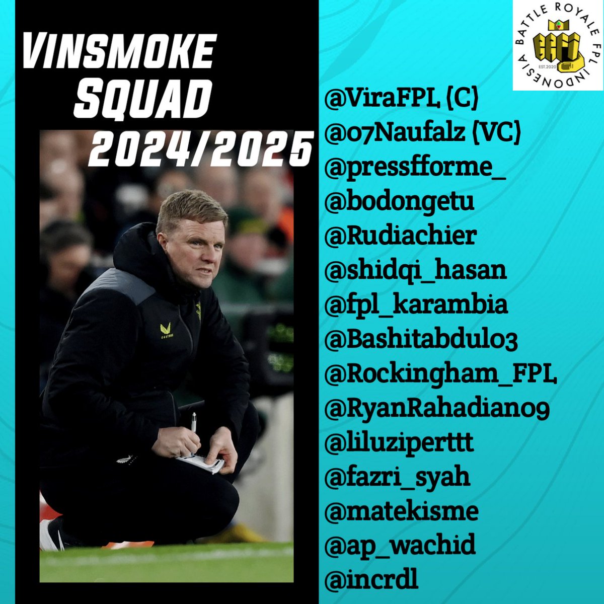 Vinsmoke FC (@vinsmokecf) on Twitter photo INTRODUCING VINSMOKE SQUAD FOR BRFI 3 2024/2025 😎☝
<a href="/ViraFPL/">Vira FPL 🇲🇨</a> <a href="/07Naufalz/">iffat.</a> <a href="/pressfforme_/">beberapa</a> <a href="/bodongetu/">Stefan Edwin</a> <a href="/Rudiachier/">Rudisetiawan</a> <a href="/shidqi_hasan/">perutkemboeng</a> <a href="/FPL_Karambia/">Karambia</a> <a href="/bashitabdul03/">abdul bashit</a> <a href="/Rockingham_FPL/">Rockingham FPL (Rohandi)</a> <a href="/RyanRahadian09/">Ryan Rahadian</a> <a href="/liluziperttt/">d</a> <a href="/fazri_syah/">fazriam</a> <a href="/matekisme/">Dugöngciatttt</a> <a href="/ap_wachid/">WAP</a> <a href="/incrdl/">Bronal</a> INTRODUCING VINSMOKE SQUAD FOR BRFI 3 2024/2025 😎☝
<a href="/ViraFPL/">Vira FPL 🇲🇨</a> <a href="/07Naufalz/">iffat.</a> <a href="/pressfforme_/">beberapa</a> <a href="/bodongetu/">Stefan Edwin</a> <a href="/Rudiachier/">Rudisetiawan</a> <a href="/shidqi_hasan/">perutkemboeng</a> <a href="/FPL_Karambia/">Karambia</a> <a href="/bashitabdul03/">abdul bashit</a> <a href="/Rockingham_FPL/">Rockingham FPL (Rohandi)</a> <a href="/RyanRahadian09/">Ryan Rahadian</a> <a href="/liluziperttt/">d</a> <a href="/fazri_syah/">fazriam</a> <a href="/matekisme/">Dugöngciatttt</a> <a href="/ap_wachid/">WAP</a> <a href="/incrdl/">Bronal</a>
