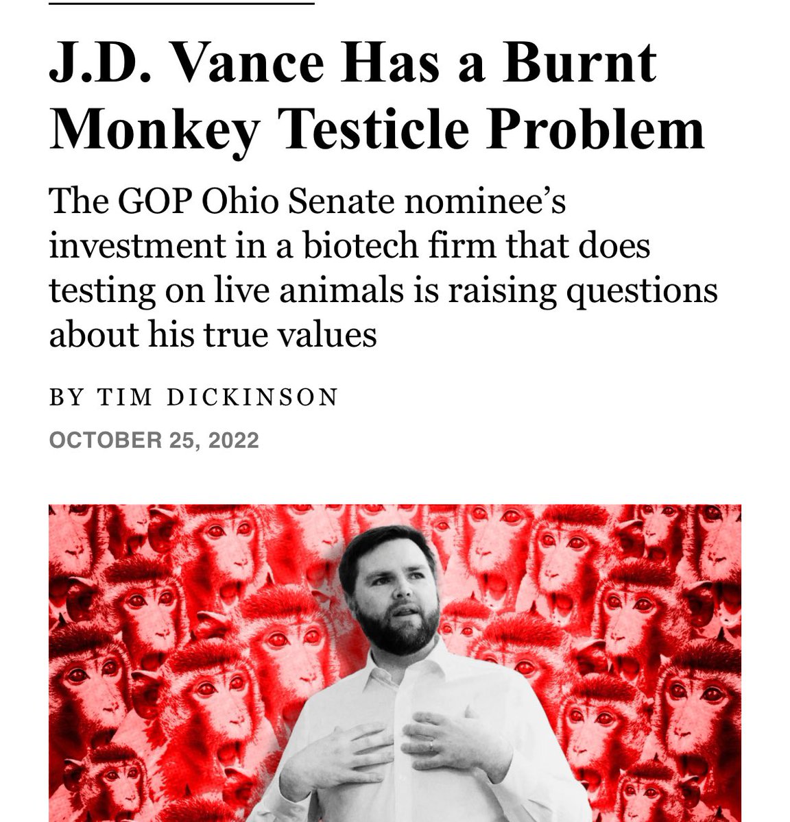 ArtCandee's tweet image. Oh snap! The hits for J.D “Shillbilly” Vance keep coming! 

Now he has a dog (and monkey testicles) problem ala Kristi Noem.

JD’s VC firm, Narya, is an investor in AmplifyBio. They test experimental drugs developed by other companies ON DOGS AND MONKEYS.

Many of those animals…