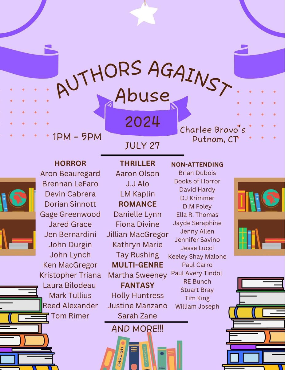 DorianSinnott's tweet image. Come out and see me today at Charlee Bravo’s in Putnam, CT along with a bunch of other fantastic authors for Authors Against Abuse 📚 All proceeds go towards United Services Inc. to help victims of domestic violence. We’re here until 5pm!