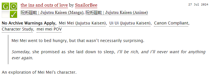 Written for the <a href="/meimeizine/">Payday: A Mei Mei JJK Zine - FREE TO DOWNLOAD NOW!</a>! It's still available for free to download, make sure to check it out! I was thrilled to have an excuse to dive into Mei Mei's character. > w< 

JJK | SFW | 2.9k |🔗archiveofourown.org/works/57710467