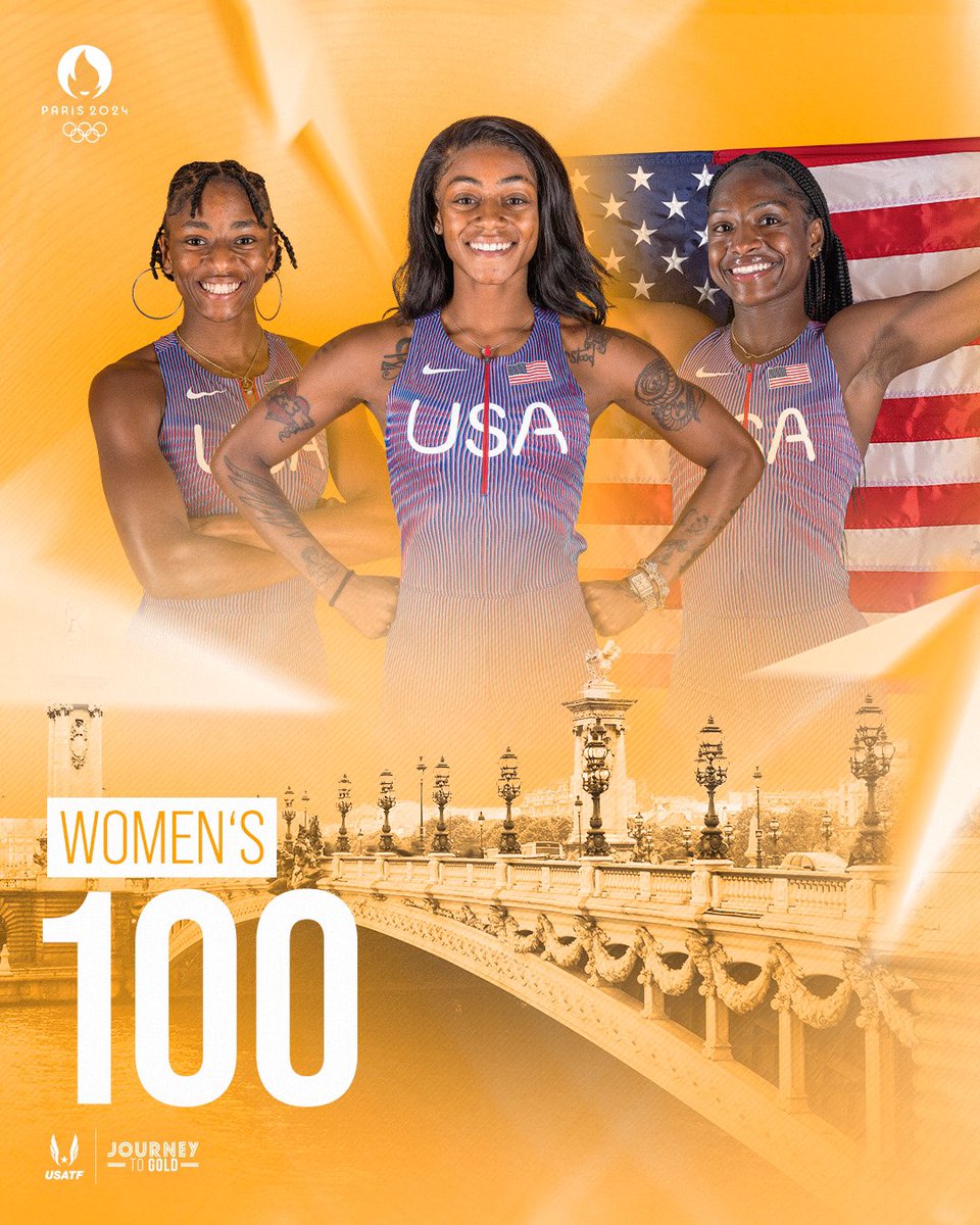 usatf's tweet photo. Spotlight on the women’s 100 crew set to represent Team USA at #Paris2024 🇺🇸✨

Who’s ready to cheer on Sha’Carri Richardson, Melissa Jefferson, and TeeTee Terry? 🤩

#JourneyToGold https://t.co/BkLbu5QYXL