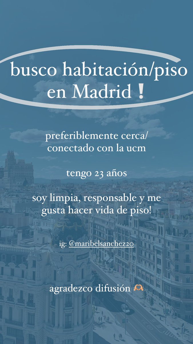 busco habitación/piso en Madrid! voy a hacer un máster en la ucm, soy una compañera simpática, limpia y hago tartas a veces! si sabes de alguien 📩🫶🏼