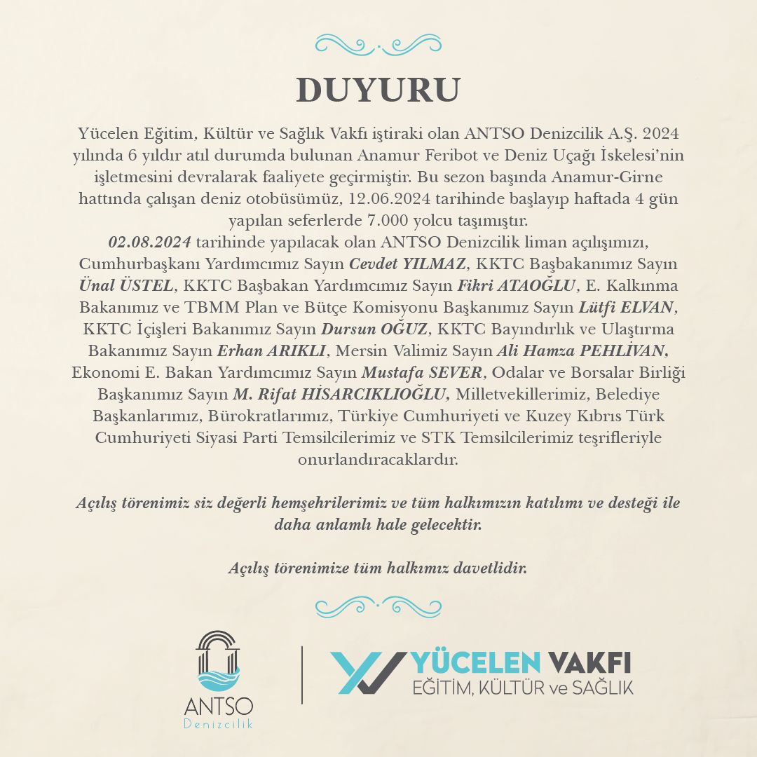 Yücelen Vakfı (@yucelenvakfi_) on Twitter photo Yücelen Eğitim, Kültür ve Sağlık Vakfı iştiraki olan ANTSO Denizcilik liman açılışı duyurusu 📢
Açılış törenimize tüm halkımız davetlidir.
Açılış Saati: 17:00
İletişim:
📞 0532 541 15 27
📩 info@yucelenvakfi.org.tr Yücelen Eğitim, Kültür ve Sağlık Vakfı iştiraki olan ANTSO Denizcilik liman açılışı duyurusu 📢
Açılış törenimize tüm halkımız davetlidir.
Açılış Saati: 17:00
İletişim:
📞 0532 541 15 27
📩 info@yucelenvakfi.org.tr