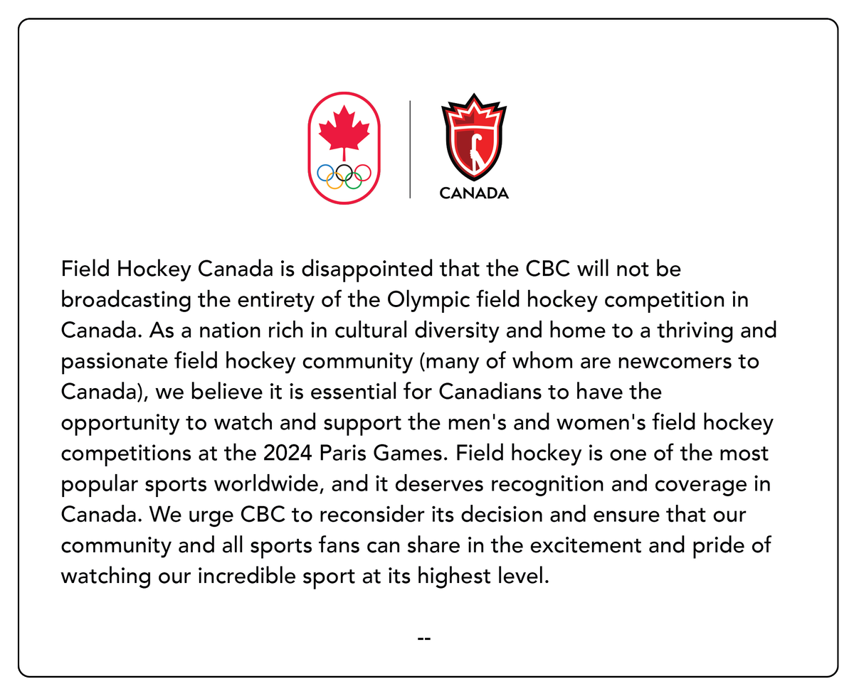 📢 Calling all hockey fans! We need your voice! Field Hockey Canada urges <a href="/CBCOlympics/">CBC Olympics</a> to broadcast the entirety of the Olympic field hockey competition in Canada. Let's make our love for the game heard!

Fill out the CBC feedback form:
cbchelp.cbc.ca/hc/en-ca/reque…

#Paris2024