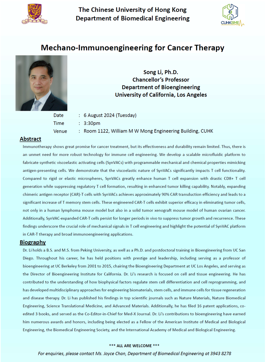 MaoPhageGroup's tweet photo. Looking forward to hearing the exciting talk of @songli_UCLA at 3:30 pm on Aug 6  @CUHKBME. 
#immunobiologyandimmunotherapy 
#CancerResearch 
#CancerTherapy
#Mechanobiology https://t.co/Tt3gm08R3U
