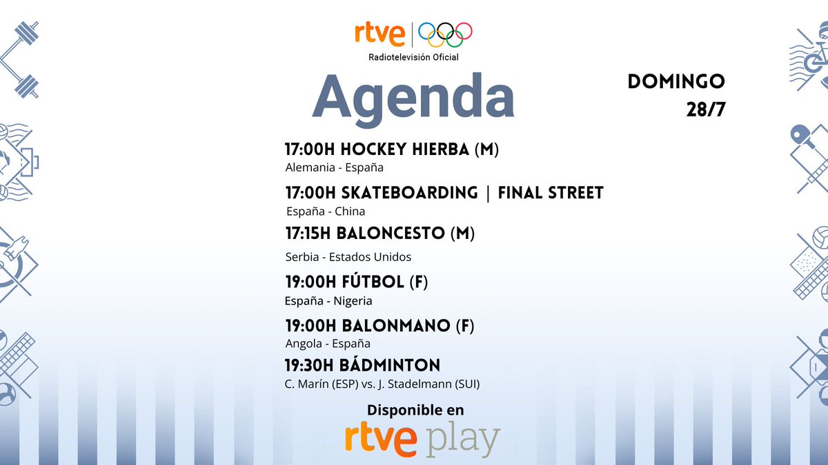 rtveplay's tweet photo. Aquí tenéis los horarios del domingo 28 de julio de los Juegos Olímpicos #Paris2024 #ParísRTVE28J 

Y ojo que se vienen curvas...

📰Toda la información: https://t.co/3W0UfjF8Ir https://t.co/yMtflpuRyj