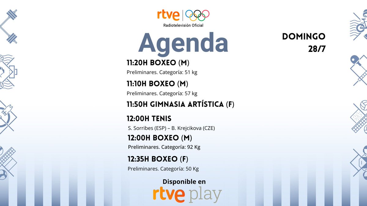 rtveplay's tweet photo. Aquí tenéis los horarios del domingo 28 de julio de los Juegos Olímpicos #Paris2024 #ParísRTVE28J 

Y ojo que se vienen curvas...

📰Toda la información: https://t.co/3W0UfjF8Ir https://t.co/yMtflpuRyj