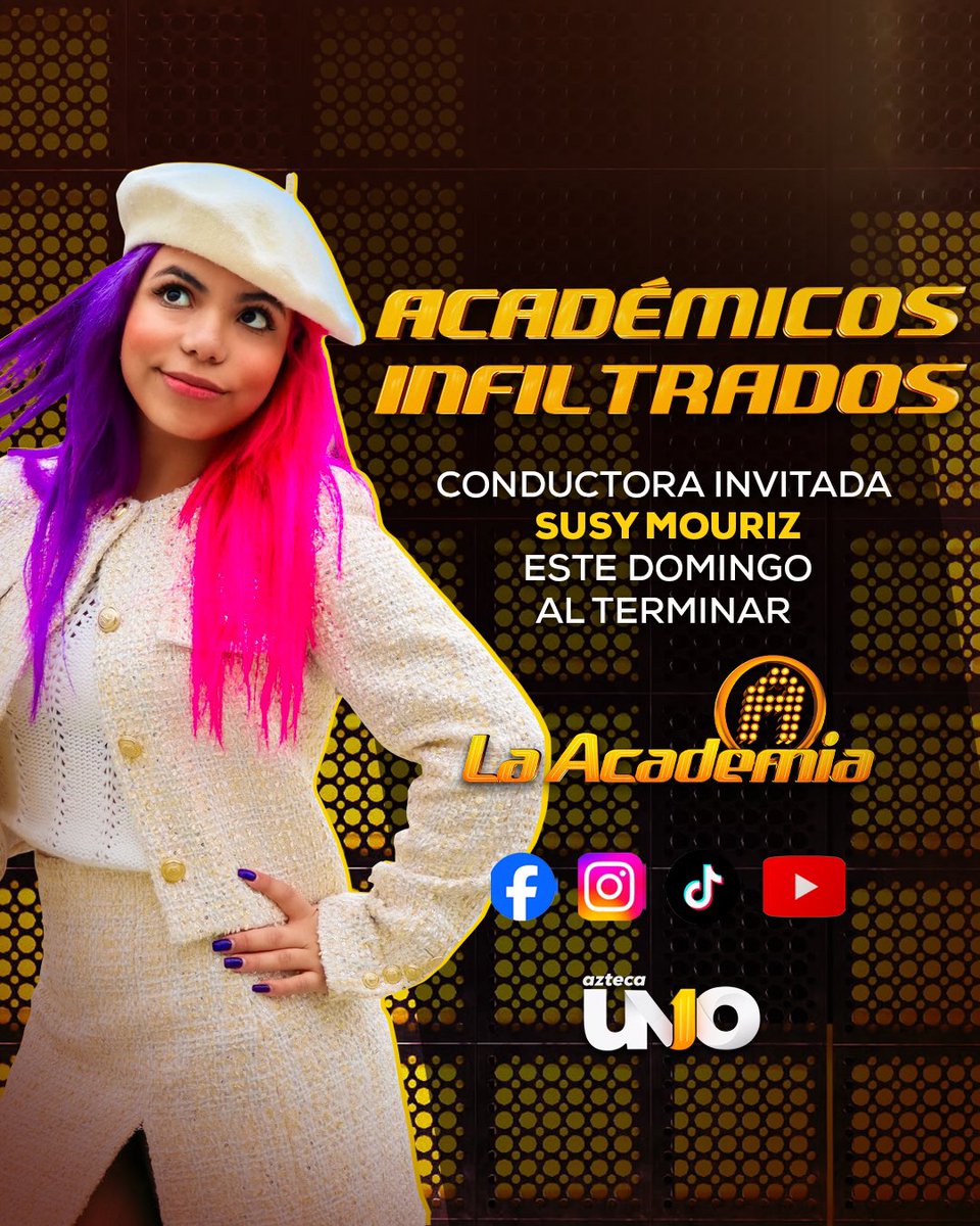 LaAcademiaTV's tweet photo. ¡Este domingo tenemos conductora invitada en #LaAcademia! 🤩🚨 Acompaña a @SusyMouriz junto a @Antonio_Beta13G en “𝗔𝗰𝗮𝗱𝗲́𝗺𝗶𝗰𝗼𝘀 𝗜𝗻𝗳𝗶𝗹𝘁𝗿𝗮𝗱𝗼𝘀”. 🎙️🔥 

¿De qué se tratará? Descúbrelo al terminar el concierto este domingo. 👏✨ #TeCambiaLaVida https://t.co/VG4ljvBQSw