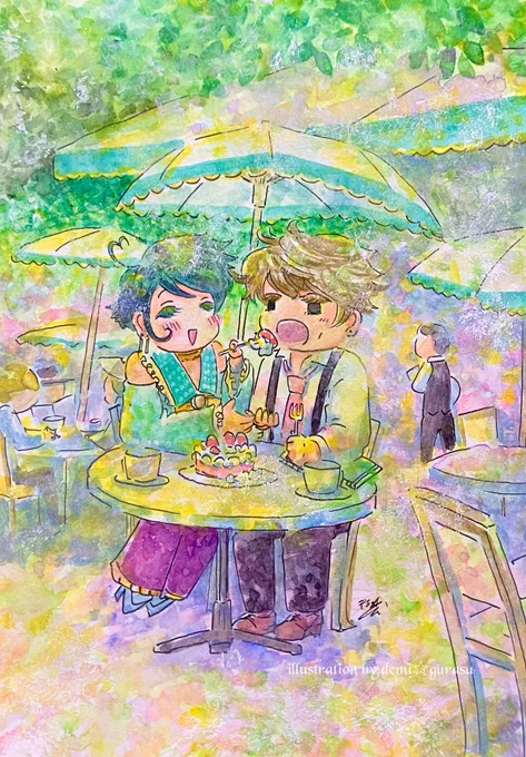 『甘いものがお好き』DAY28.甘い緑のカフェにて#worldwatercolormonth#worldwatercolormonth2024#MM24時水彩 
