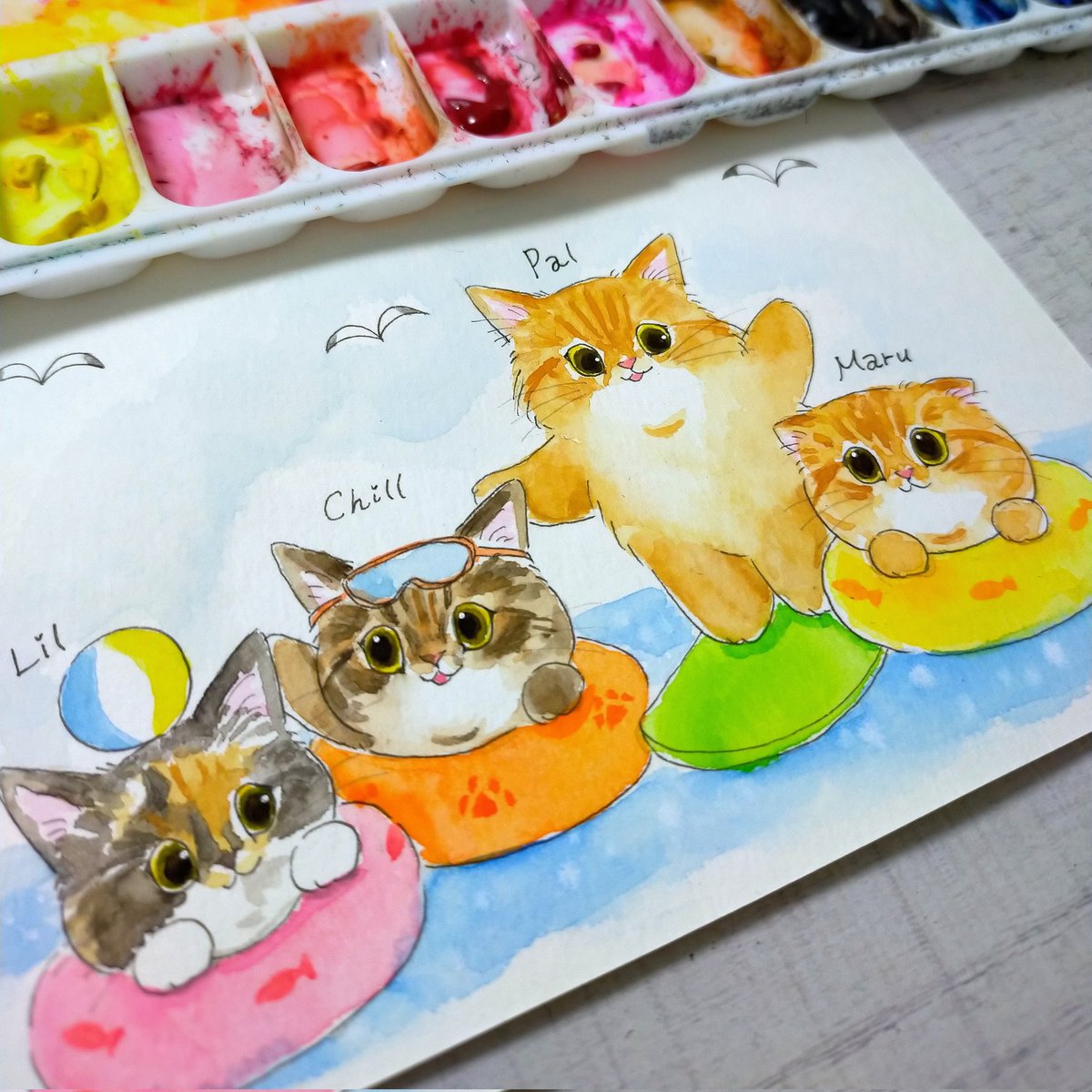 lalastamp's tweet photo. 夏休みだにゃん🌊

手描き、水彩絵の具です
ハガキサイズに描いています🎨
こんなの描いてほしい💕は
お気軽にご連絡ください😊

#猫好きさんと繋がりたい
#広島 #イラスト #猫似顔絵
#ペット似顔絵 #猫イラスト https://t.co/w9ElI1vnry