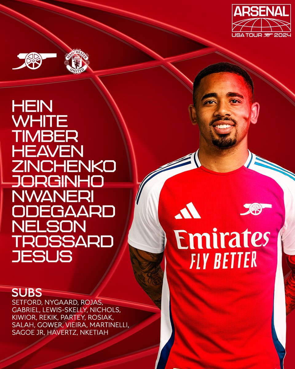 Arsenal's tweet photo. 🔴 𝗧𝗘𝗔𝗠𝙉𝙀𝙒𝙎 ⚪️

🪄 Nwaneri in the middle
©️ Odegaard skippers the side
⚡️ Jesus leads the line

Let's give it our all, Gunners ✊ https://t.co/d3smOS5crL