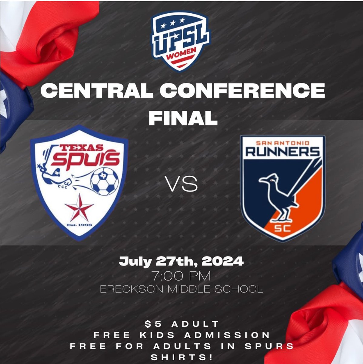 🚨MATCH DAY! <a href="/sarunnerssc/">San Antonio Runners</a> 
🆚 <a href="/texasspursfc/">Texas Spurs FC</a> 
⏰ 7:00PM CST
📅 Saturday, July 27, 2024
🏆 <a href="/upslwomen/">UPSL Women</a> @upslwomentexas Final
🏟 Ereckson Middle School
📍450 Tatum Dr.
🌎 Allen, TX
🎟 $5
📣 #TXSvSAR

#sarunnerssc #upsl #upslwomen #semiprosoccer #sanantonio #satx  #soccer #footy