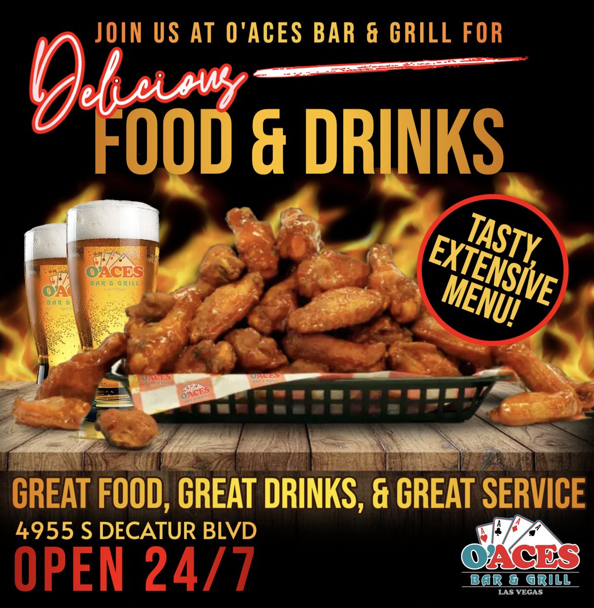 aces_grill's tweet photo. Come join us at O'Aces Bar & Grill for great food, great drinks, & a great time! OPEN 24/7 - we can't wait to see you!
#drinks #food #bar #vegas #bestbartenders #coldbeer #mixeddrinks #shots #joinus #cantwait #seeyousoon #comeondown #oaces #grill #food #weloveourcustomers https://t.co/pBdI3zggcd