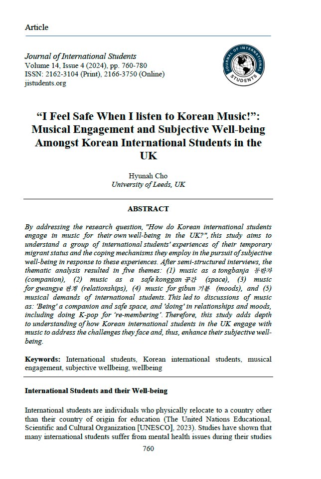 Congratulations to Hyunah Cho from the University of Leeds, United Kingdom, for the outstanding publication on musical engagement and subjective well-being amongst Korean international students in the UK! Read more: doi.org/10.32674/jis.v….