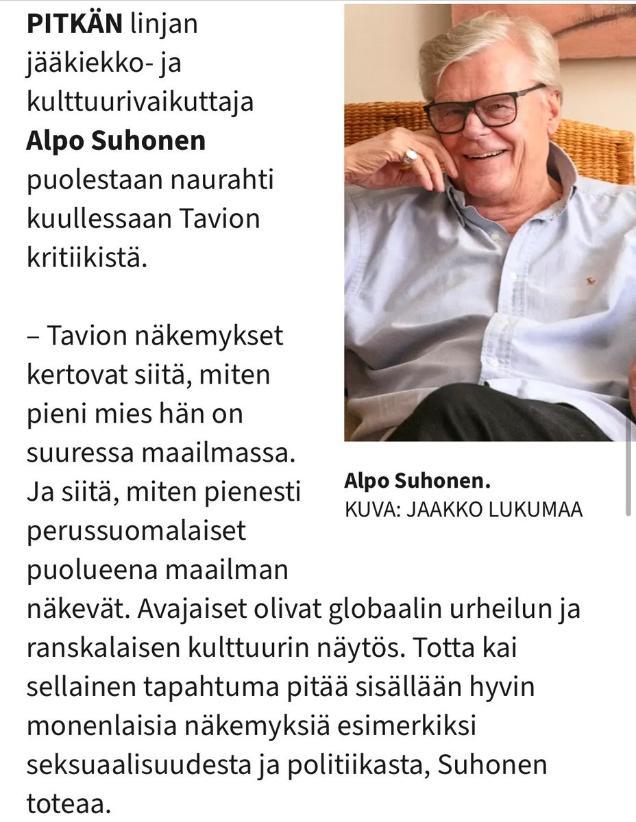 Alpo Suhonen naulaa tarkasti Ville Tavion näkemykset Pariisin olympialaisten avajaisista. Ei mitään lisättävää. ⁦<a href="/Paris2024/">Paris 2024</a>⁩ ⁦<a href="/persut/">Perussuomalaiset</a>⁩ ⁦<a href="/VilleTavio/">Ville Tavio</a>⁩
