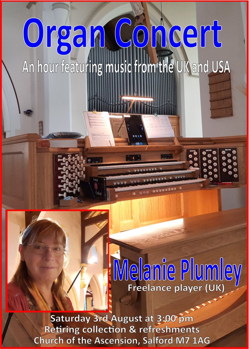 Next Saturday at 3pm, our secretary, Mel, will be playing the new (2023) Henry Groves organ at the Church of the Ascension in Salford. Not surprisingly, the church is on Ascension Road, Lower Broughton and nearby parking is usually easy.