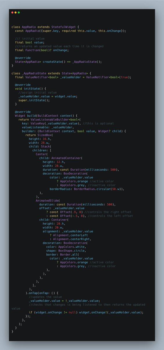 odinachidavid's tweet image. Having a hard time creating a custom radio button in Flutter? I believe this might be helpful.
GitHub Gist: gist.github.com/Odinachi/8077f…
#flutter #flutterdevs