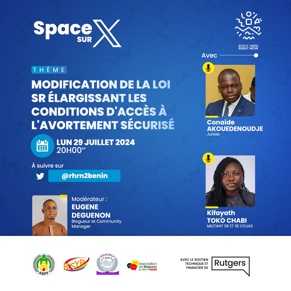 📅 Professionnels de la santé, défenseurs des droits humains et activistes, marquez vos calendriers pour le 29 juillet à 20h. 🌍 

Nous discuterons des modifications significatives de la loi permettant un accès plus sûr à l'avortement. 🎙️ <a href="/Aconaide/">Conaïde Akouedenoudje 🇧🇯</a> et <a href="/Kifachabi/">TOKO CHABI Kifayath</a> apporteront leur