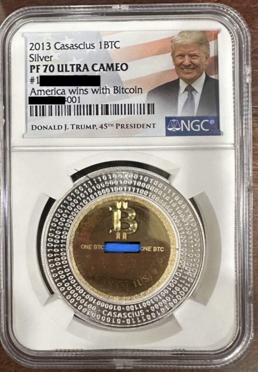 Close-up of the presidential Bitcoin gifted to Trump before his speech,  officially making him a $BTC holder. Casascius Coins were created in 2011- 2013 as physical representations of Bitcoin. Each coin holds a
