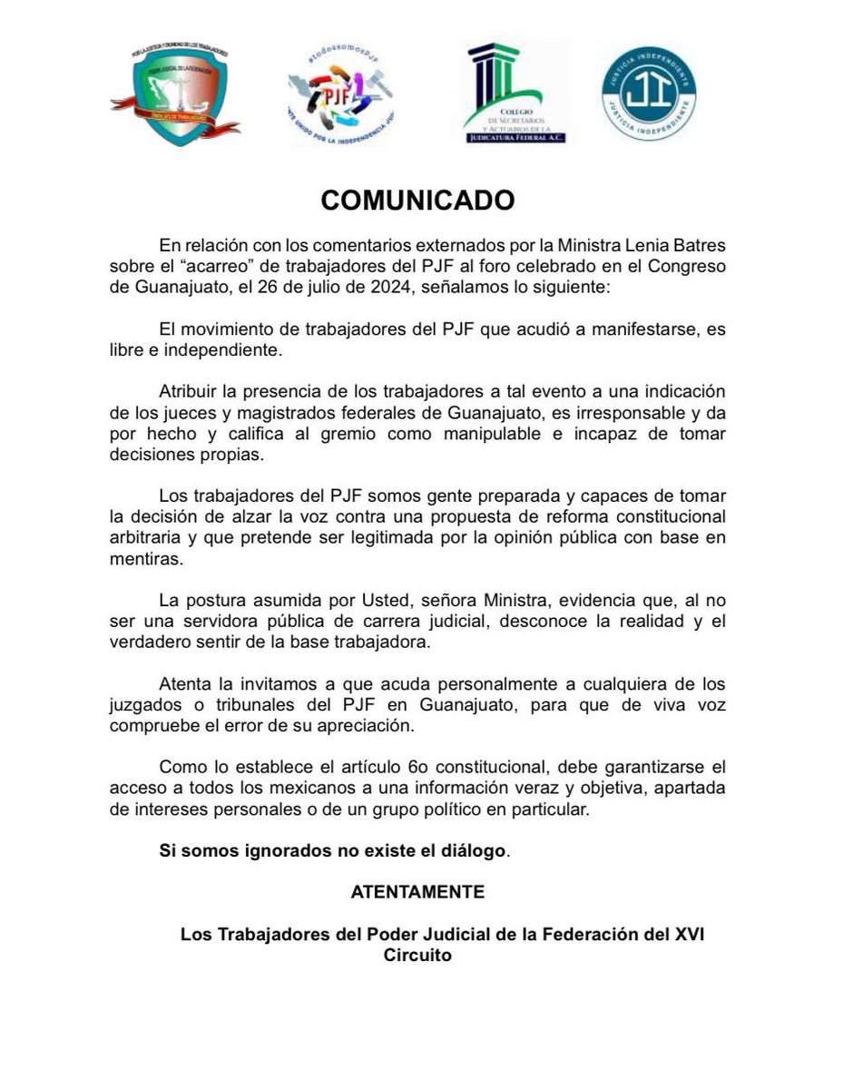 VeneCastillo's tweet photo. Rechazamos los comentarios de Lenia Batres sobre el “acarreo” de trabajadores del PJF al foro celebrado en el Congreso de Guanajuato. No somos “acarreados”, ni somos “manipulados” por jueces y magistrados. #STPJF #FrenteUnidoGTO
#ColegioPJF
#JusticiaIndependiente
#TodosSomosPJF https://t.co/uF2MZ192BI