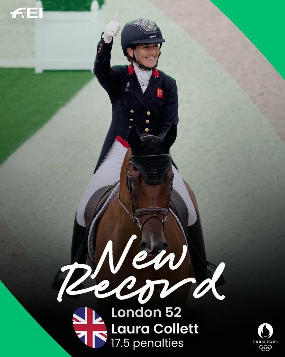 The FEI (@fei_global) on Twitter photo 🚨 New Olympic Record Alert! 🚨
London 52 and <a href="/CollettEventing/">Laura Collett</a> not only broke the record for lowest score after the Eventing Dressage phase… they smashed it! 💥
Their score of 17.5 was a whopping 1.8 penalties lower than the previous record of 19.3 set by David O’Connor and 🚨 New Olympic Record Alert! 🚨
London 52 and <a href="/CollettEventing/">Laura Collett</a> not only broke the record for lowest score after the Eventing Dressage phase… they smashed it! 💥
Their score of 17.5 was a whopping 1.8 penalties lower than the previous record of 19.3 set by David O’Connor and