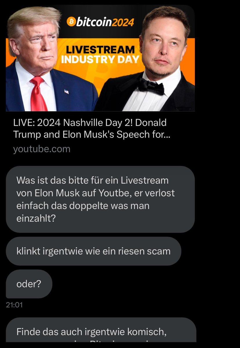 ACHTUNG: Viele Fake Livestreams aktuell zur Bitcoin Konferenz mit Elon Musk  und Donald Trump. 🚨 Sendet eure BTC auf gar keinen Fall irgendwo hin, all  diese Gewinnspiele sind FAKE und SCAM.
