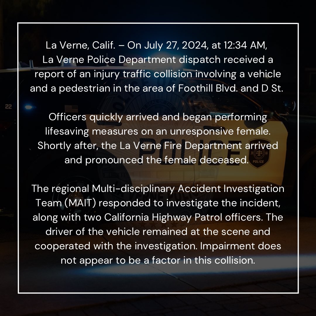 LaVernePD's tweet photo. Press Release: La Verne, CA. Fatal Traffic Collision. https://t.co/qX2M07npJR https://t.co/lXvfsv2xxJ