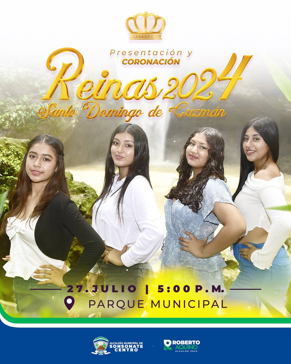 👑✨ Este 27 de julio a las 5:00 p.m., acompáñanos en el Parque Municipal para la presentación y coronación de las Reinas 2024 de Santo Domingo de Guzmán. ¡No te lo pierdas! 🌸👸