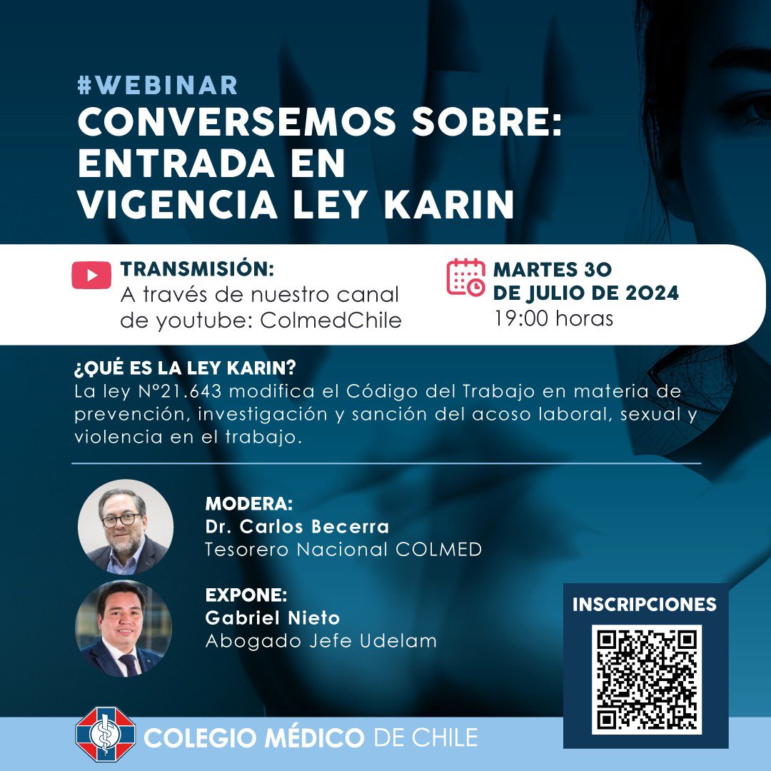 Colegio Médico de Chile - Colmed Chile (@colmedchile) on Twitter photo Los esperamos el martes #30Julio a las 19:00 hrs. para conversar sobre la Ley Karin con nuestro tesorero Dr. Carlos Becerra (<a href="/cbecerrav/">Carlos Becerra Verdugo</a>) y el abogado Jefe de #Udelam, Gabriel Nieto
Inscríbete ➡️ tinyurl.com/29kj52yc
¡Comparte y participa! Los esperamos el martes #30Julio a las 19:00 hrs. para conversar sobre la Ley Karin con nuestro tesorero Dr. Carlos Becerra (<a href="/cbecerrav/">Carlos Becerra Verdugo</a>) y el abogado Jefe de #Udelam, Gabriel Nieto
Inscríbete ➡️ tinyurl.com/29kj52yc
¡Comparte y participa!