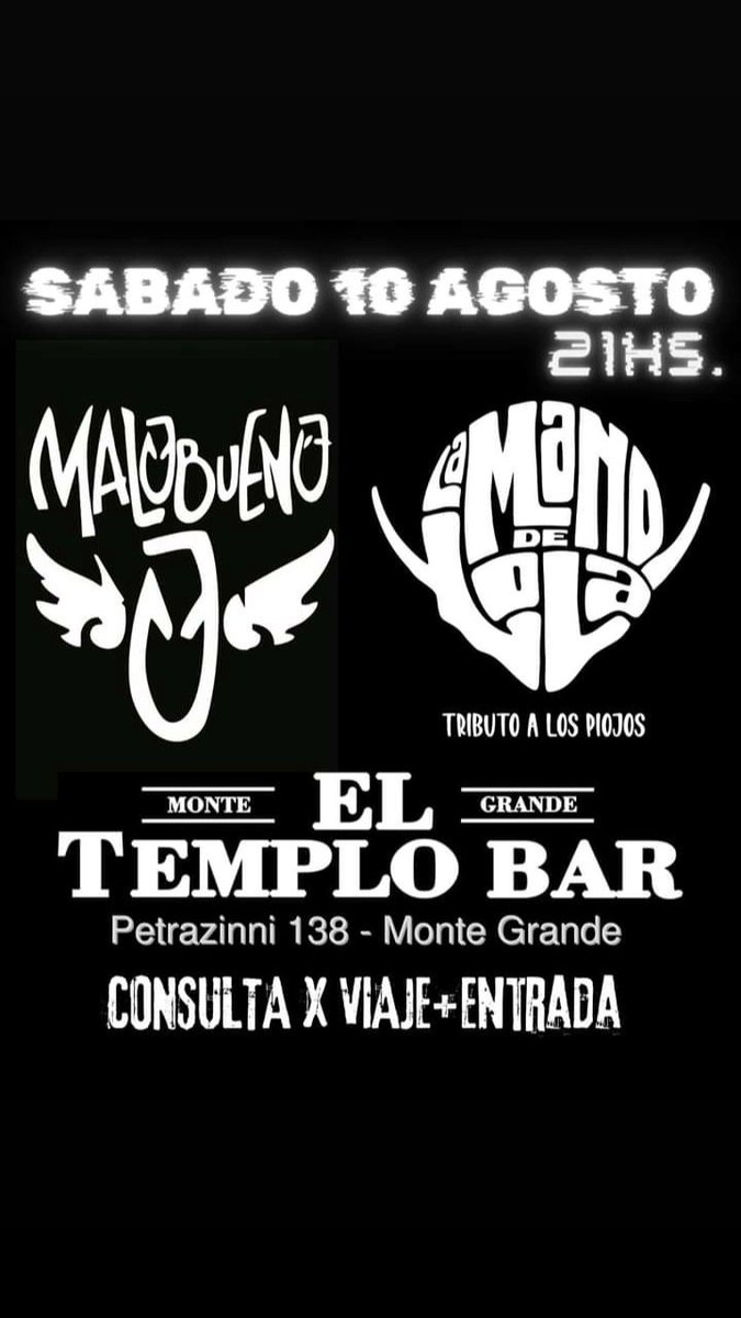 ⛔️INFO IMPORTANTE ⛔️‼️

🕖 HORARIOS:
🚍 SALIDA DE MICROS: 20hs desde Juana de Arco
🚪 PUERTAS: 21hs.
SHOWS: 
22hs. Malobueno 
23hs. @lamanodelola 
00hs. FIN
(TODO ESTO ES SUPER PUNTUAL!)
quedan algunos lugares en el 2do bondi no se queden abajo!!! 

GRACIAS POR EL AGUANTE SIEMPRE