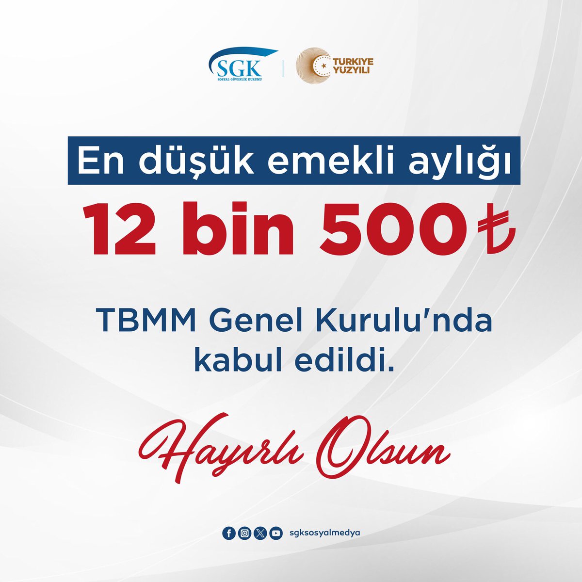 sgksosyalmedya's tweet photo. En düşük emekli aylığını 12 bin 500 TL'ye yükselten 29. madde TBMM Genel Kurulu'nda kabul edildi.

Hayırlı Olsun https://t.co/LeWNZPxNVy