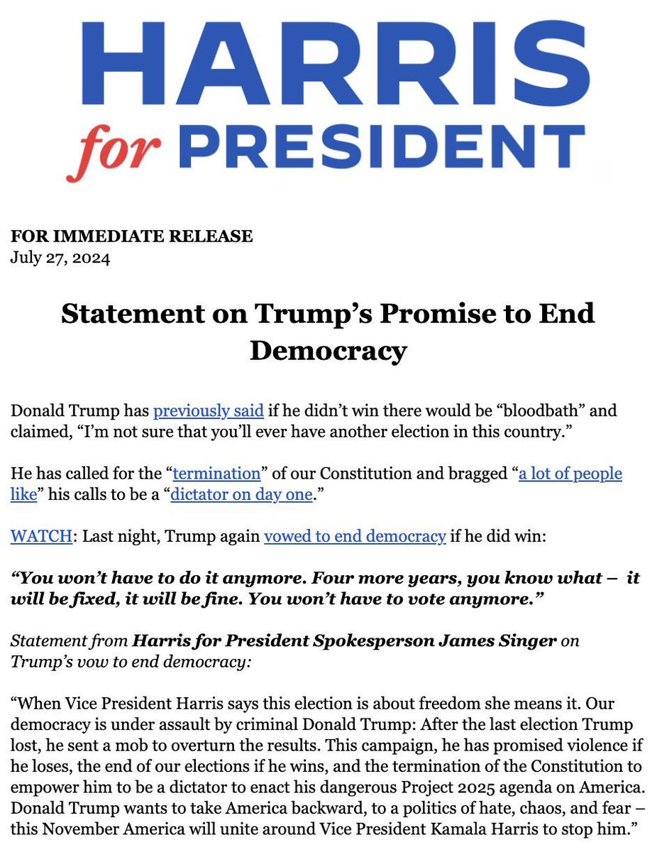 OMG! The Kamala Harris campaign just released this statement in response to Donald Trump promising to end democracy and it is amazing. Share this everywhere!!!
