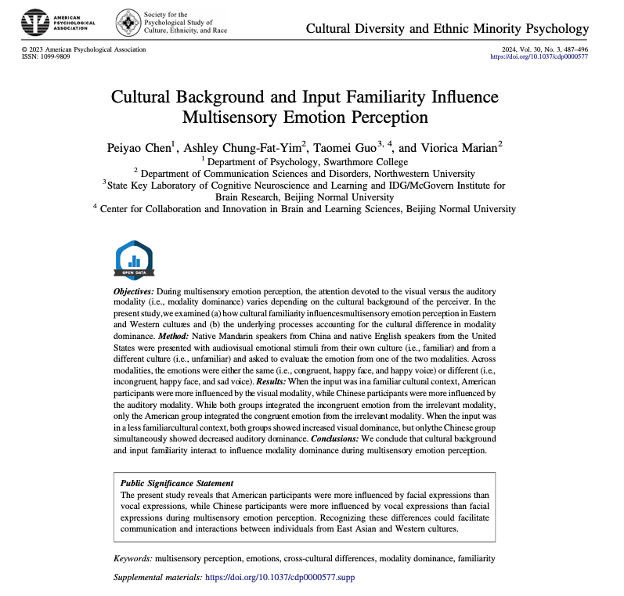 prof_suyeongkim's tweet photo. @ashleycfy, @VioricaMarian1, and others found that in a familiar cultural context, American participants were more influenced by facial expressions, while Chinese participants were more influenced by vocal expressions. @APA_Journals https://t.co/zmaP8vmrs5 https://t.co/xeMBbtX7Nk
