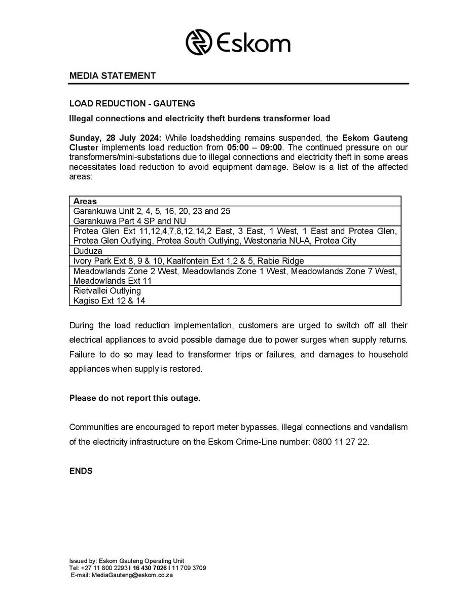 Illegal connections and electricity theft burden transformer load. 

#EskomGauteng 
#LoadReduction 
Date: Sunday, 28 July 2024 
Time: 05:00 - 09:00