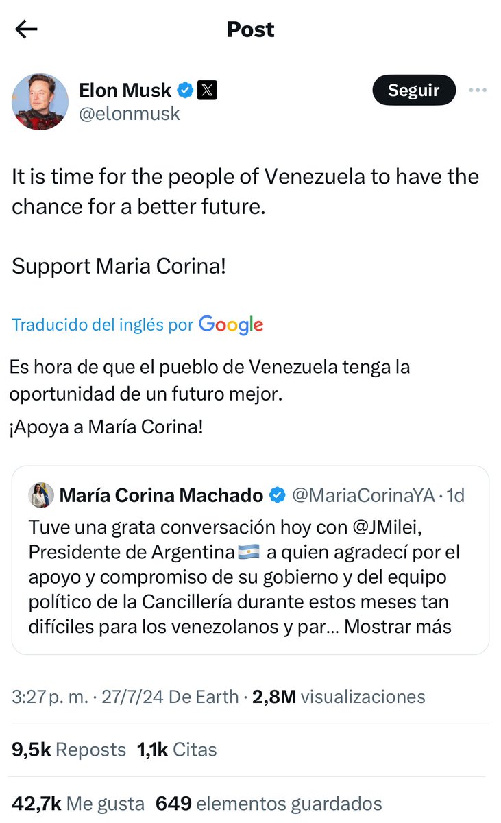 "Elon Musk" es tendencia porque manifestó su apoyo a María Corina Machado