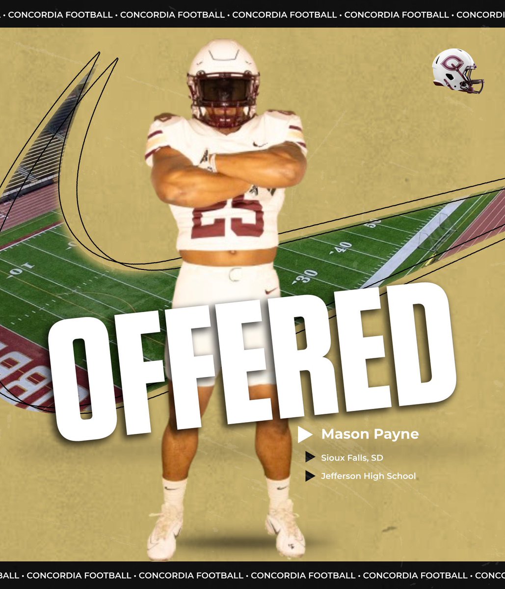 Mason Payne (@mason_payne50) on Twitter photo After a great conversation with <a href="/CoachTerryHoran/">Terry Horan</a> I am beyond blessed to receive my first offer to play football at Concordia College! <a href="/Cobber_Football/">Cobber Football</a> <a href="/SFJeffersonFB/">Sioux Falls Jefferson Football</a> <a href="/Coach_Benedetto/">Vince Benedetto</a> After a great conversation with <a href="/CoachTerryHoran/">Terry Horan</a> I am beyond blessed to receive my first offer to play football at Concordia College! <a href="/Cobber_Football/">Cobber Football</a> <a href="/SFJeffersonFB/">Sioux Falls Jefferson Football</a> <a href="/Coach_Benedetto/">Vince Benedetto</a>