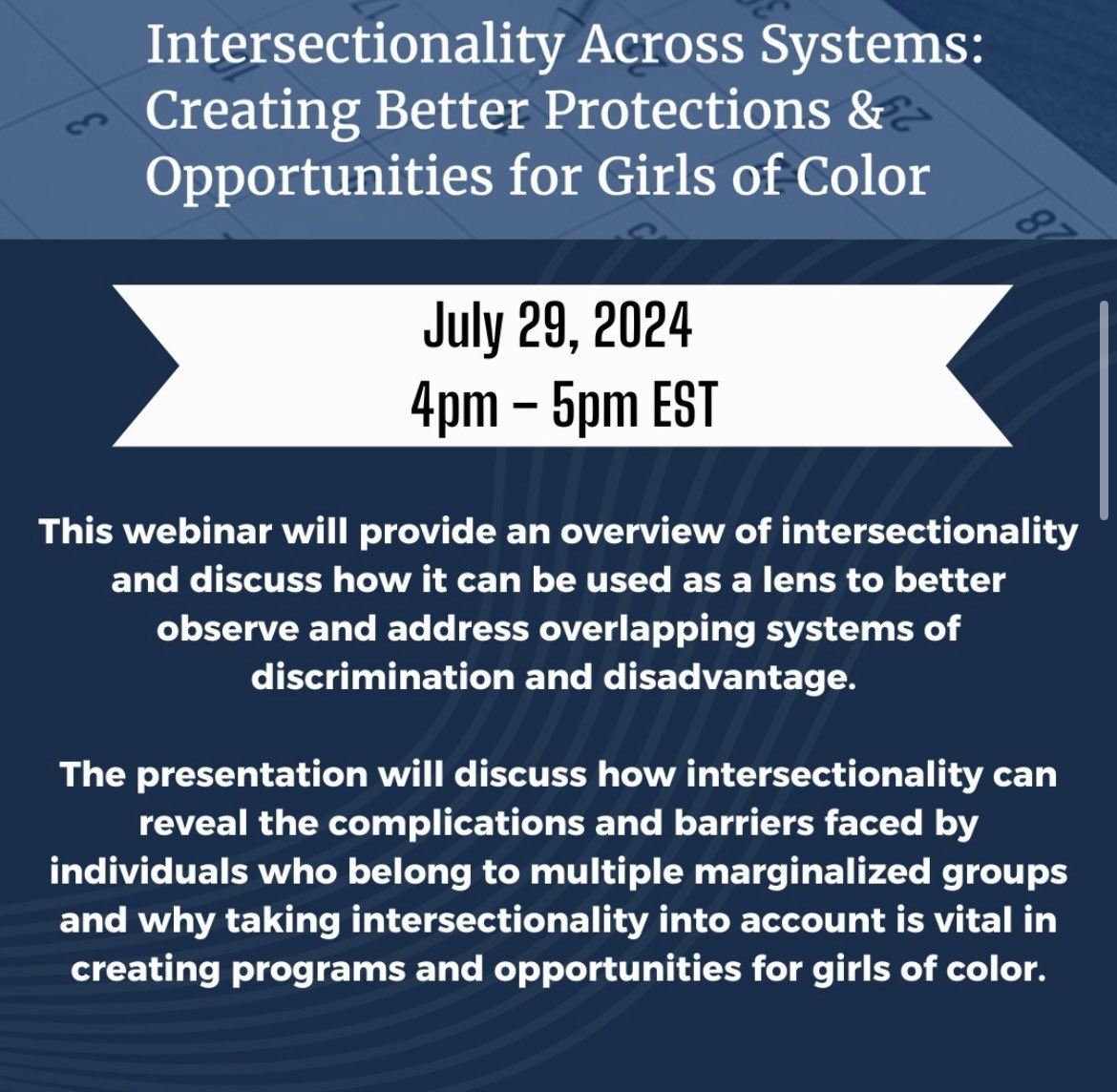 drjameliaharris's tweet photo. So excited for our webinar with @DrVEvansWinters titled “Intersectionality Across Systems!” 

Join us this Monday at 4 PM EST ; register here 🔗 https://t.co/We9xYlqYKm

@JusticeandJoyNC ! #OJJDP #YouthJustice #Intersectionality #GirlsofColor https://t.co/pt7TCSbluL