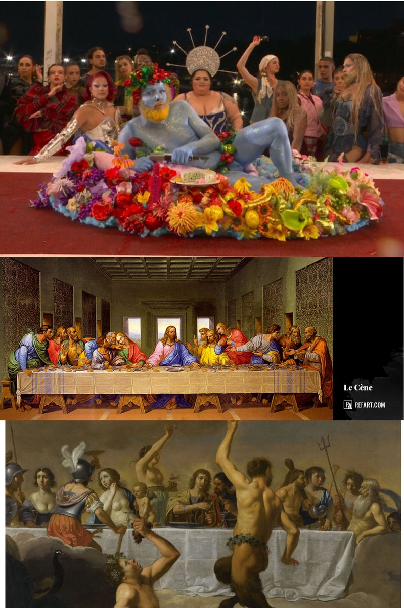 mathon13127's tweet photo. La prestation de Phil Katerine est-elle une parodie de La Cene de  VINCI ou du "Festin des Dieux" de van BIJLERT ?
Katerine au 1er plan et la DQ au 2eme, bras levé comme Flore, déesse du printemps, semblent donner piste de réponse.
Encore une polémique qui n'a pas lieu d'être. https://t.co/6SRWdsAzCv