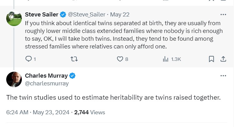 jayjoseph22's tweet photo. A fascinating 2024 Twitter exchange on IQ genetics in the sense that, in "The Bell Curve" (1994, pp. 105-108), Murray (and Herrnstein) cited studies of twins reared APART as providing "the most unambiguous direct estimates" of #IQ heritability. https://t.co/GClTj2vtEO