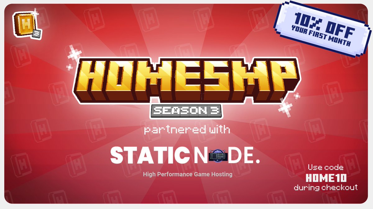 📅 HomeSMP Season 3 has officially launched on a brand new server hosted by Static Node! 🎉

Enjoy top performance, 99.9% uptime, and 24/7 support. Get 10% off your own server with code HOME10! 💰
staticnode.org

#HomeSMP #SMP #StaticNode #Minecraft #ServerHosting