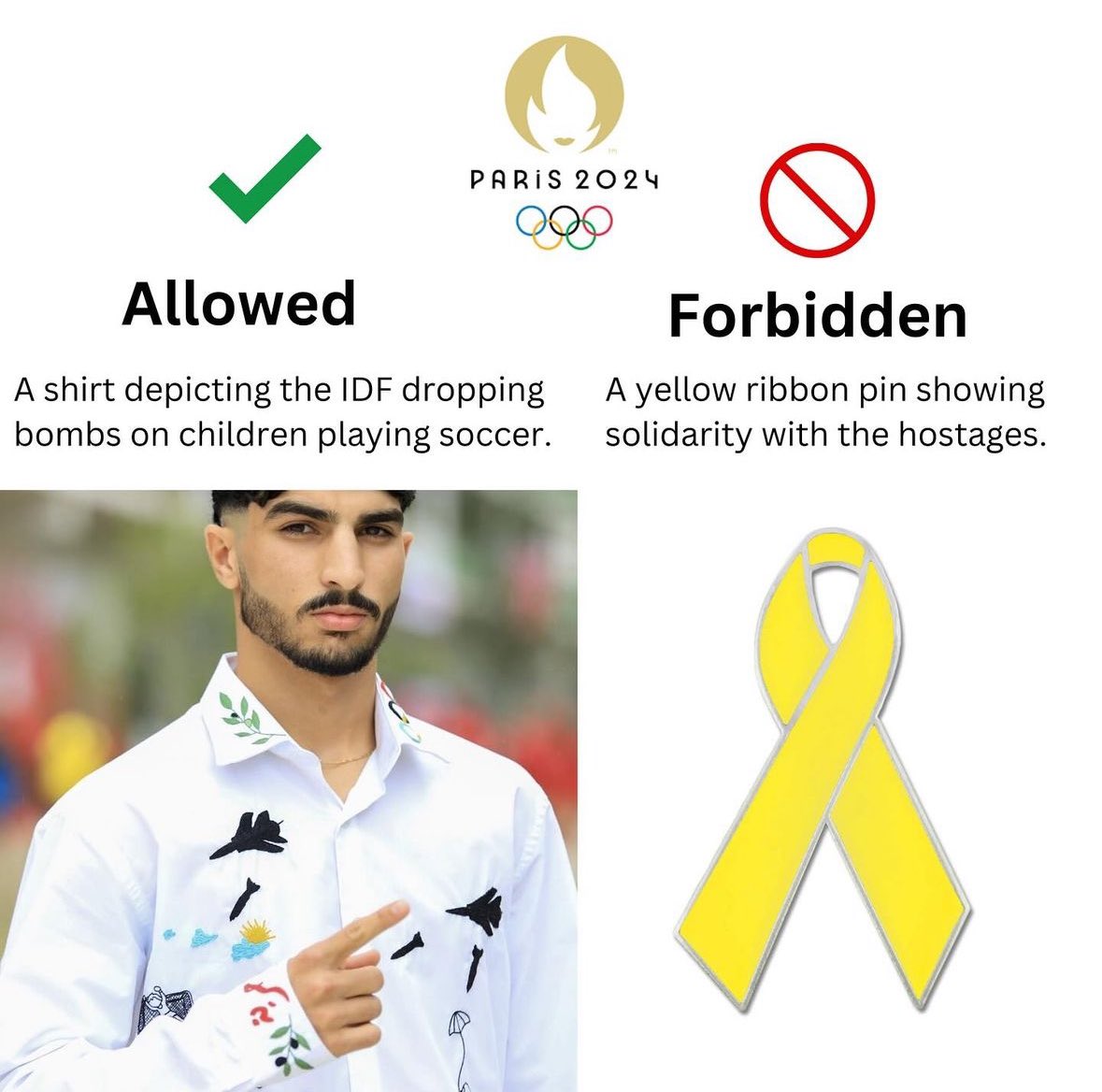 .<a href="/Olympics/">The Olympic Games</a> forbids Israeli 🇮🇱 team to wear a yellow ribbon calling for the release of hostages, but allows Palestinian 🇵🇸 team to wear a shirt depicting Israel dropping bombs on children.